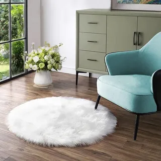 Runder, Weicher Teppich, 90 Cm, Weißer Schaffellteppich Aus Kunstfell, Waschbar, Kleiner, Weicher Teppich Fürs Schlafzimmer