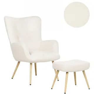 Beliani Ohrensessel VEJLE Bouclé 67 x 95 x 52 cm Cremeweiß mit Hocker