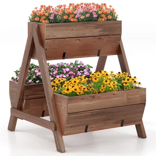 COSTWAY vertikales Hochbeet mit 2 Etagen, Blumenbeet mit 3 Pflanzkästen & Ablauflöchern, Blumentreppe Gartenbeet Tannenholz, Blumenkasten für Terrasse Balkon Garten, Braun (66x73x73cm)
