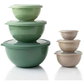 Arendo Salatschüssel 6er Schüssel Set mit Deckel, 0,26 bis 5 Liter, Rührschüssel, Kunststoff, (Set, 6-tlg), auslaufsicher, stapelbar, Spülmaschinen & Mikrowellen geeignet grau|grün