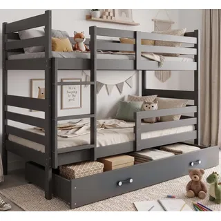 Interbeds Etagenbett 90x190 cm in Grau mit Lattenrost Kinderbett aus Holz | Hochbett, mit Schublade, in Grau, Lattenrost, Jugendbett, Kinderbett, für 2 Personen, teilbar, 2 Einzelbetten