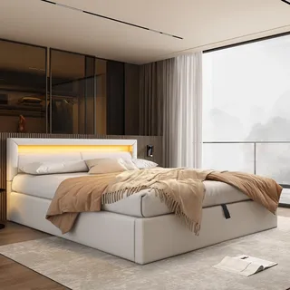 Merax LED Polsterbett 140x200 cm mit Lattenrost und Stauraum – Bett mit beleuchtetem Kopfteil in Weiß, Kunstleder, Jugendbett mit Bettkasten ohne Matratze