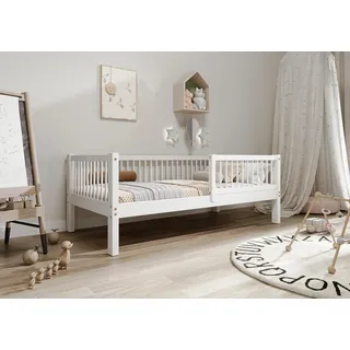 TIMBEE - Alfi - Kinderbett 90x180 cm - Bett Weiß - Einzelbett für Kinder mit Lattenrost und Rausfallschutz Abnehmbar - Hohe Beine - Belastbar bis 100 kg - aus Kiefernholz Klasse 1