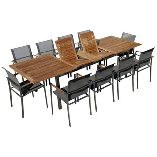 aleos Gartengarnitur Edelstahl Batyline A-Grade Teak Set Ausziehtisch 200-240-280 x 100 cm + 10 Sessel mit Batyline Bespannung Serie KUBA-BRA...