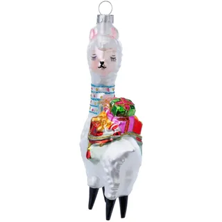 Holly & Jolly 1 Christbaumschmuck Glas 15cm Lama mit Geschenken Figur Weihnachtsbaum Anhänger Christbaumanhänger Weihnachtsbaumschmuck Weihnachtsdeko Glasfigur Weiß