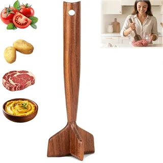 Wooden Ground Beef Masher, Hackfleisch Zerkleinerer Kartoffelstampfer mit 4 Klingen, Anti-Kratzer Antihaft Fleischzerkleinerer, Holz Hamburger-Stampfer,Antihaft Fleischzerkleinerer Für Kitchen