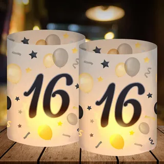 12 Windlicht Tischdeko 16 Geburtstag, Deko 16 Geburtstag Junge, Geburtstagsdeko 16 Junge, 16 Jahre Happy Birthday Tischdeko Schwarzes Gold, Geeignet für Teelichter oder Kerzen
