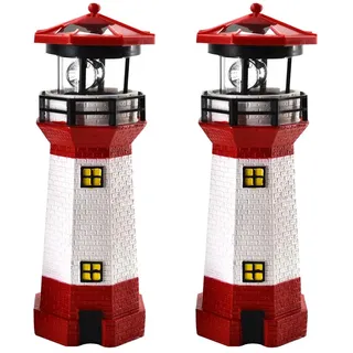 2er Set LED Solar Leuchtturm 28 cm | Garten Deko Leuchtfeuer Rot Weiß | Gartendeko Beleuchtung Mit Dämmerungssensor | Solarbeleuchtung Gartendeko...