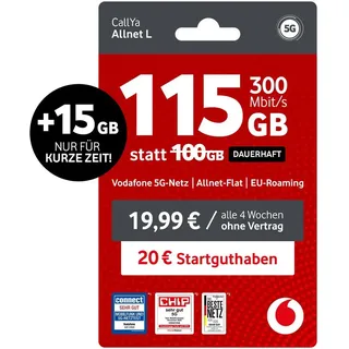 Vodafone Prepaid CallYa Allnet L | 115 statt 100 GB | 20 EUR Guthaben | ohne Vertrag | 5G | Allnet Flat | EU-Roaming | weltweit nutzbar