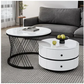 Fine Life Pro Couchtisch 2er-Nesting-Couchtisch, weiß, Marmor-Hochglanz, Schubladen, Rund, 60x46 cm & 50x31 cm, bis 30 kg, platzsparend & elegant
