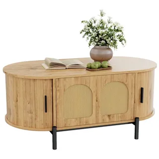 Refined Living Couchtisch Ovaler Couchtisch mit Rattan, Stauraum & Schiebetüren, 100 cm (Natur – Couchtisch / Wohnzimmertisch oval 100x50x40 cm, Rattan-Design, Beistelltisch, Sofatisch, Kaffeetisch, 1-St., 2 Schiebetüren + 1 Rattan-Tür, Stauraum, Metallbeine), Natürlich, hell, skandinavisch, für Wohnzimmer beige