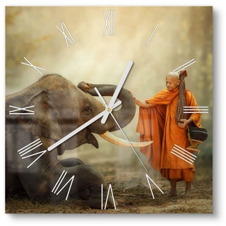 DEQORI Wanduhr 'Buddhist berührt Elefant' (Glas Glasuhr modern Wand Uhr Design Küchenuhr) grau|orange 30 cm x 30 cm