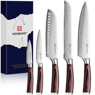 KEEMAKE 5-teiliges Profi Messerset Küchenmesser Set aus scharfem Edelstahl - Japanisches Kochmesser Design mit Pakkaholz Griff, inkl. Santoku, Brotmesser & Geschenkbox, Vatertagsgeschenk für Papa