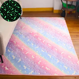 Skeiyo Leuchtet im Dunkeln, leuchtende Teppiche, für Schlafzimmer, Wohnzimmer, niedriger Flor, elastischer Teppich, bunt, rosa, Regenbogen-Einhorn, 120 x 200 cm