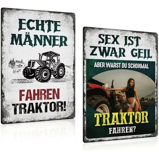 2er Set Vintage Blechschild Traktor Lustiger Spruch - ECHTE MÄNNER FAHREN TRAKTOR - STARKE FRAUEN FAHREN TRAKTOR - Retro Trecker Schild Wand Deko Metallschild Poster Türschilder Geschenk 20x30cm