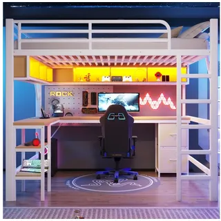 Odikalo Hochbett Kinderbett Jugendbett 140x200 mit Schreibtisch und LED (Hochbett aus Metall für Gaming (140 x 200 cm) mit Bücherregal, Schreibtisch, Schrank, USB und LED-Beleuchtung,Weiß / Schwarz)