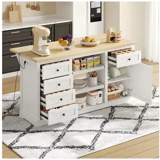 Ulife Sideboard Bar‐Schrank, Kücheninsel 150×65×75 cm – 5 Schubladen, 2 Ausziehböden (1 St), Mit Klappbarer Erweiterungsplatte, Steckdosen und USB-Ports weiß