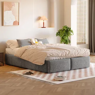 SOFTWEARY Futonbett mit Bettkasten, Lattenrost und Schubladen, Doppelbett ohne Kopfteil, Bezug aus Leinen, Jugendbett (grau, 140x200 cm)