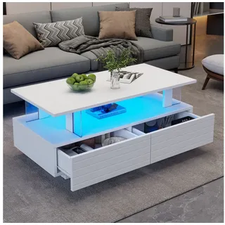 OKWISH Couchtisch mit Aufbewahrungsfunktion (Satztisch, Beistelltisch, 1-St., 2 Schubladen), Acryl-LED-wohnzimmertisch, mit Bluetooth-Handy-App-Steuerung weiß