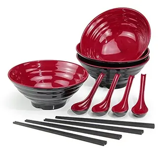 Ramen Schüssel Set, Füllmenge 1032 ml Japanische Suppe Schüssel mit Löffel und Essstäbchen, für Pasta Udon Asiatische Nudeln, Rot Schwarz Gemischt (4 PCS)