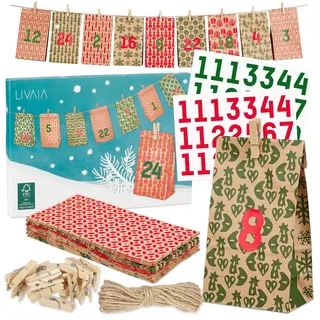 LIVAIA Adventskalender 2024 Frauen, Männer und Kinder: DIY Set zum Befüllen mit kleinen Geschenken - 24 bedruckte Papiertüten, Holzklammern, Adventskalender Tee Aufkleber - Ideal für Geschenke