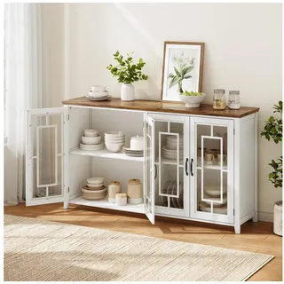 Odikalo Sideboard Vitrineschrank Stauraumschrank mit Glastüren Stauraum MDF (160cm breites Küchen-Sideboard mit Glastüren,einem geräumigen Staufach,einer Arbeitsplatte in Holzoptik und einer Kippsicherung.Dieses moderne Sideboard eignet sich für Küchen,Esszimmer und Wohnzimmer) weiß
