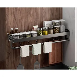 LNGFSH Gewürzregal Wand aus Aluminium Küchenregal Organizer Mit Küchenrollenhalter und Haken Hängend Selbstklebend Gewürzregal Schranktür Ohne Bohren für Küchenablage, Badregal (60cm)