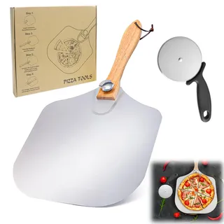 AIVORO Pizzaschaufel, Pizzaschieber mit Einklappbarem Holzgriff, Pizza Schieber mit Pizzaschneider, 30cm x 36cm - Pizza Schaufel, für Hausgemachte Pizzen, Backen, Brot - Pizza Zubehör