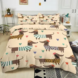 Generisch Bettwäsche 135x200 cm Cartoon-Tier Dackel 3D-Druck Bettwäsche-Sets, Weich Mikrofaser Bettbezug 3-Teilig mit 2 Kissenbezüge 80x80 cm, Bettwäsche Set mit Reißverschluss