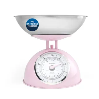 Salter Retro-Küchenwaage mechanisch 5 kg, Rosa | Großes Drehzifferblatt, ohne Batterien, metrische und imperiale Maße, abnehmbarer 2-L-Behälter, spülmaschinenfest, 22 cm hoch
