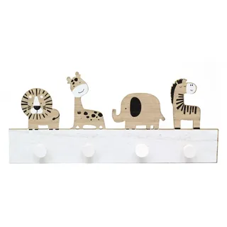 Kindergarderobe mit Safari-Tiermotiv, Wandmontage, aus Holz, für Kinderzimmer, dekorative Wandhaken, 4 Haken, Dschungeltiere, Kinder-Kleiderbügel für die Wand