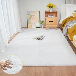 ORINOVA Teppich Wohnzimmer Waschbar Weiß 150x215 cm Schlafzimmer Flauschig Fellteppich Kinderzimmer Kunstfell Teppich Weich Rechteckig