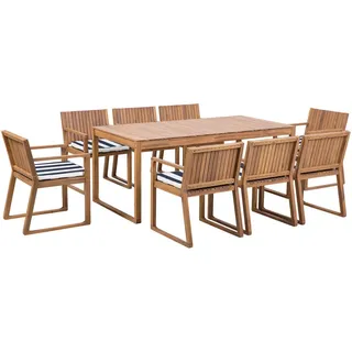 Beliani Gartenmöbel Set 8-Sitzer Hellbraun Akazienholz Tisch mit 8 Stühlen und Sitzkissen Marineblau Rustikal Modern Terrasse Garten Ausstattung - Hellbraun/Weiß/Blau