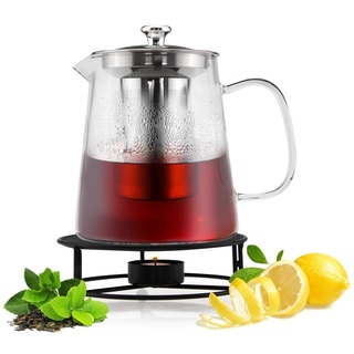 Sendez Teekanne 1,2L mit Edelstahl Sieb und Stövchen Teebereiter Teeset Kanne