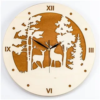 ORNAMENTI Wanduhr rustikal, skandinavisch, alpenländischer Stil, Hirsch, moderne, holz (hingucker Wanduhr, Handmade, ohne Ticken, Wanddeko, 3 Größen) 50 cm