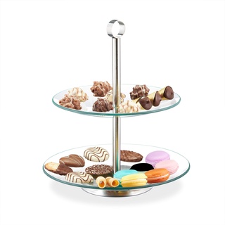 Relaxdays Etagere, 2-stöckig, rund, Cupcakes, Kekse, Snacks, Obst, Glas, Edelstahl, Servierständer, transparent/silber, 28 x 24.5 x 24.5 cm