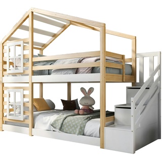 Merax Etagenbett für Erwachsene, Hochbett Hausbett Treppe mit 2 Schubladen Kiefer 90x200cm