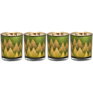 Windlichter für Teelichter aus Glas | 4 Teelichtgläser für den Adventskranz | Teelichthalter Set Weihnachtsdeko Winterdeko (Tannen grün)