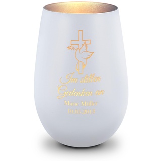 GRAVURZEILE Deko Windlicht aus Glas mit Gravur - Im Stillen Gedenken - Personalisiert mit Namen & Datum - Grabschmuck und Grabkerze - Trauerlicht zur Beerdigung oder als Andenken - Weiß/Silber