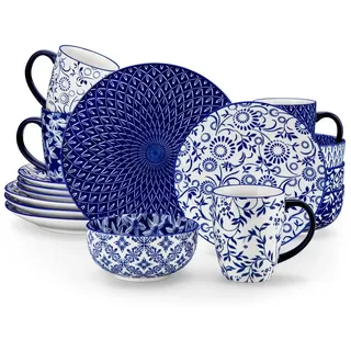 vancasso Geschirr-Set Tafelservice für 4/6 Personen, Porzellan, Blau und Weiß/Bunt (16-tlg), 4 Personen, Porzellan blau