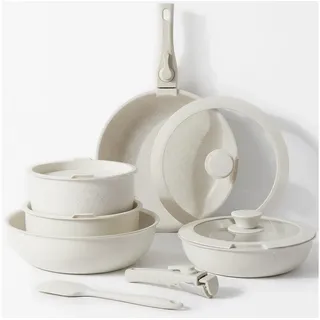DUMOS Topf-Set 12-tlg Kochgeschirr-Set für Induktionsherde, mit abnehmbaren Griffen. beige|weiß