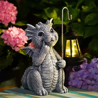 Yeomoo Drachen Gartenfiguren mit Solarlampen Gartendeko für Draußen Grau | Drache Figur mit Led Solar Deko für Aussen - Geschenke für Männer/Frauen/Mama Wetterfeste Garten Balkon Zimmer Terrasse Deko