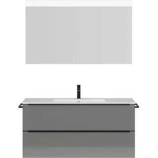 Badmöbel-Set NOBILIA "Levere", grau (schiefergrau), B:121cm H:169cm T:48,7cm, Kastenmöbel-Sets, Badmöbel-Set, Hochglanz, inkl. Spiegel mit Touch-Sensor, in vier Breiten
