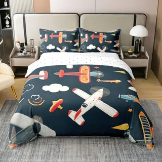 Homewish Flugzeug Flugzeug Baumwolle Bettwäsche 135x200 Süße Fliegende Flugzeuge Bettbezug Cartoon Flugzeuge Drucken Bettwäsche Set für Kinder Jungen Mädchen,Luftfahrt Thema Bettset 1 Kissenbezug