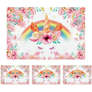 Geburtstag Tischsets 4er Set, Einhorn Regenbogen Blumen Tischmatte, Rosa Leinen Esstisch Platzset für Birthday Frühling Brautparty Hochzeit Party Küche Esstisch Dekoration Indoor, 12x18