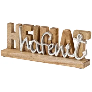 levandeo Deko Aufsteller Heimathafen L30cm Braun Holz Silber Mango Maritim Tischdeko Anker Schriftzug