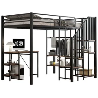 SOFTWEARY Hochbett mit Schreibtisch und Regal (120x200 cm) Kinderbett mit Rausfallschutz und Treppe, Metallbett