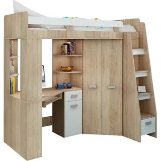 Hochbett mit Schreibtisch, Schrank und Regalen - Platzsparendes Jugendbett - Komplettes Möbelset (120x204 cm) - Kinderbett 80x200 cm mit Stauraum - Treppe Rechten Seite (Eiche Sonoma/Weiß)