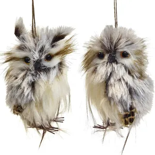 Eulen Deko Figuren Set 11cm Weiß-Braun, Plüsch Eulen Herbst-Waldtiere Deko, 2