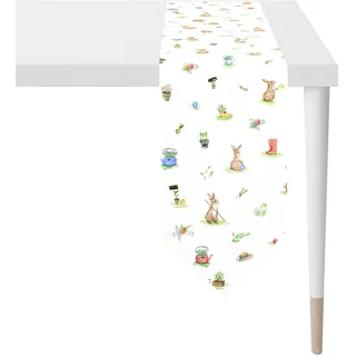 APELT Tischband APELT "6812 HAPPY EASTER, Osterdeko, Ostern", bunt (weiß, bunt), B:25cm L:175cm, Baumwolle, Polyester, Tischdecken, Digitaldruck, modisches Design mit verspielten Häschen im Garten